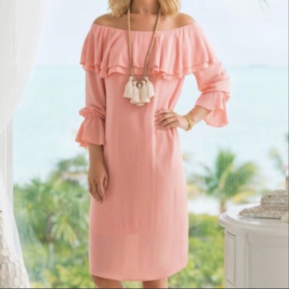 Soft Surroundings Bossa Nova Ruffle Off Shoulder Sleeves Dress in Salmon Large